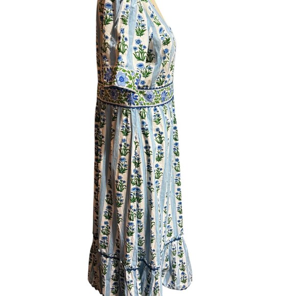 Pink City Prints Evelyn Dress Sky Lily Stripe Blue Floral Block Print Large - Picture 12 of 14